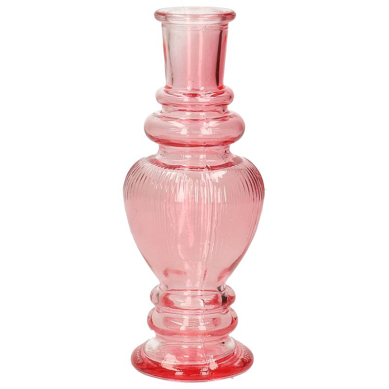 Foto van Ideas 4 seasons bloemenvaas venice - voor kleine stelen/boeketten - gekleurd sierglas - ribbel roze - d5.7 x h15 cm - va