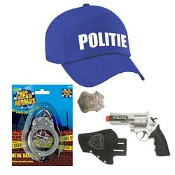 Foto van Politie verkleed cap/pet blauw met pistool/holster/badge/handboeien voor kinderen - verkleedhoofddeksels