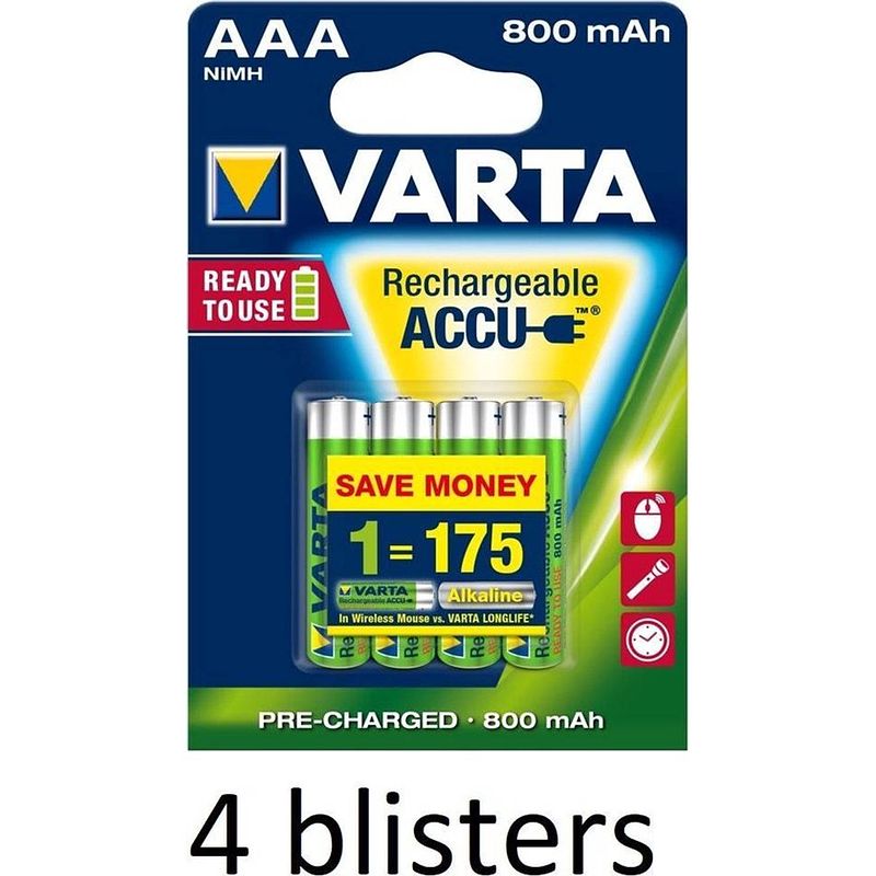 Foto van 16 stuks(4 blisters a 4 stuks) varta aaa oplaadbare batterijen - 800mah