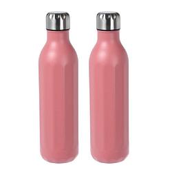 Foto van 2x stuks rvs thermosflessen / isoleerflessen voor onderweg 500 ml koraal rood - thermosflessen