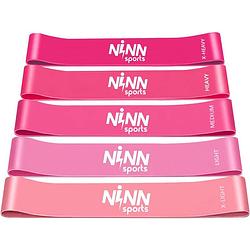 Foto van Ninn sports - premium weerstandsbanden roze - set van 5 resistance banden - fitness elastiek - inclusief ebook