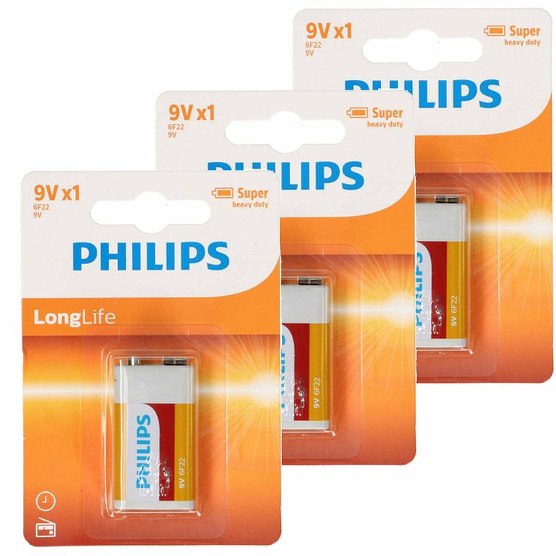 Foto van Philips 9v long life batterij - 3x - alkaline - 9 volt blokbatterijen - batterij 9v blok