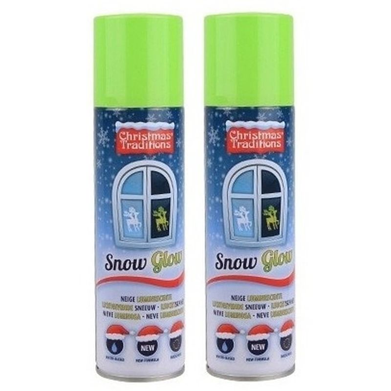 Foto van 2x glow in the dark sneeuw spray 150 ml - spuitbus met glow in the dark kunstsneeuw 2 stuks