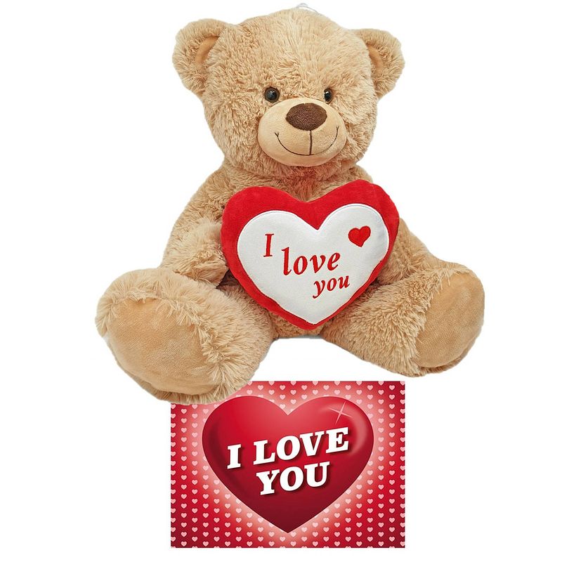 Foto van Bruine pluche knuffelbeer/teddybeer 45 cm incl. valentijnskaart i love you - knuffelberen