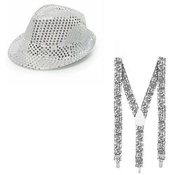 Foto van Party verkleed hoedje en bretels zilver glitters - verkleedhoofddeksels