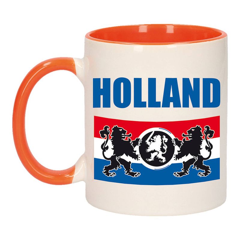 Foto van Holland met vlag en leeuw mok/ beker oranje wit 300 ml - feest mokken