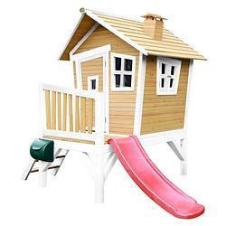 Foto van Axi robin speelhuis op palen & rode glijbaan speelhuisje voor de tuin / buiten in bruin & wit van fsc hout