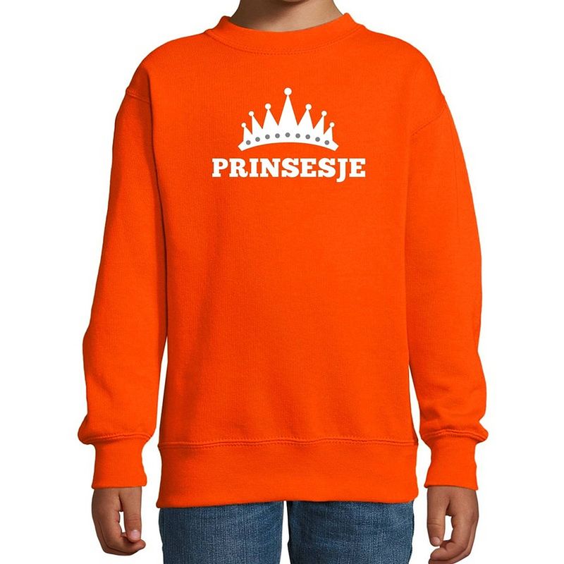 Foto van Oranje prinsesje met kroon sweater meisjes - oranje koningsdag kleding 3-4 jaar (98/104)