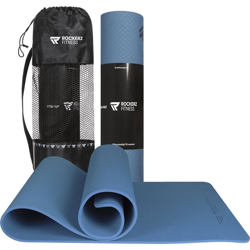 Foto van Yoga mat - fitness mat blauw - sport mat - yogamat anti slip & eco - extra dik - duurzaam tpe materiaal - incl draagtas