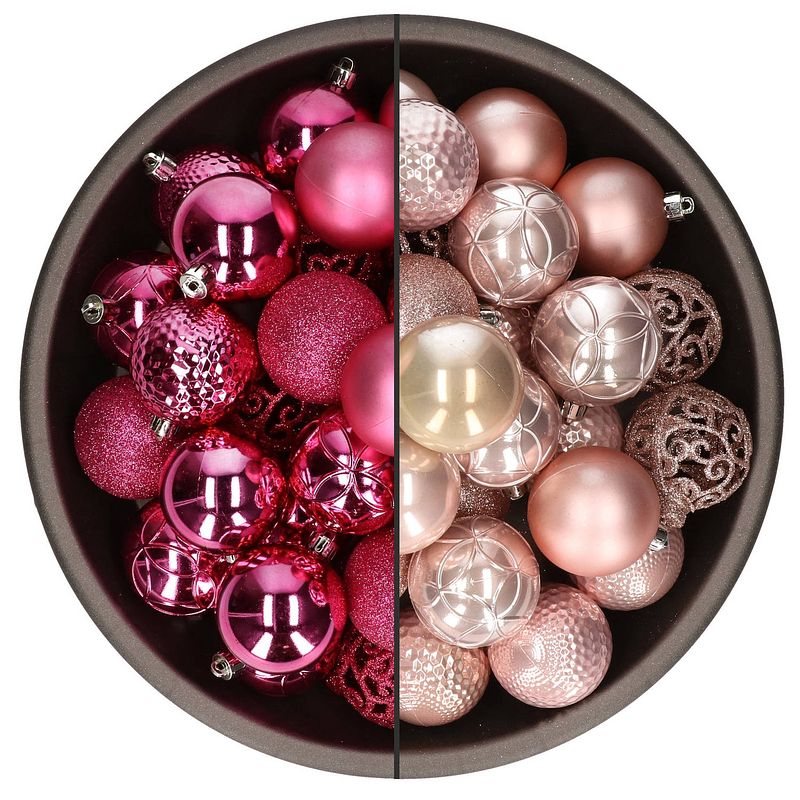 Foto van 74x stuks kunststof kerstballen mix van fuchsia roze en lichtroze 6 cm - kerstbal