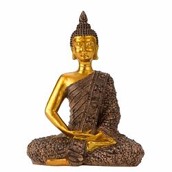 Foto van Boeddha beeldje zittend - binnen/buiten - kunststeen - zwart/goud - 17 x 23 cm - beeldjes
