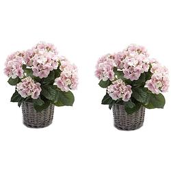 Foto van 2x kunstplanten hortensia roze in mand 45 cm - kunstplanten