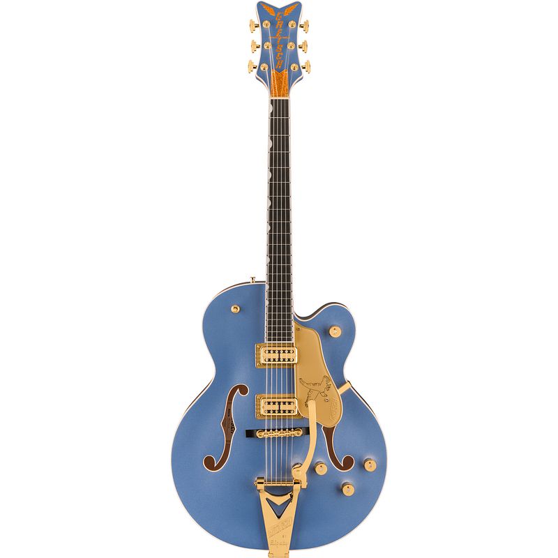 Foto van Gretsch professional collection falcon hollow body eb cerulean smoke met gretsch g6242l deluxe hardshell case