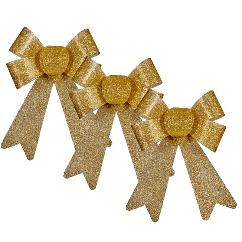 Foto van 6x stuks kerstboomversieringen kleine ornament strikjes/strikken gouden glitters 15 x 17 cm - kersthangers