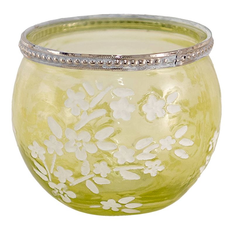 Foto van Clayre & eef glazen theelichthouder ø 10*9 cm groen, wit glas, metaal rond bloemen waxinelichthouder windlichthouder