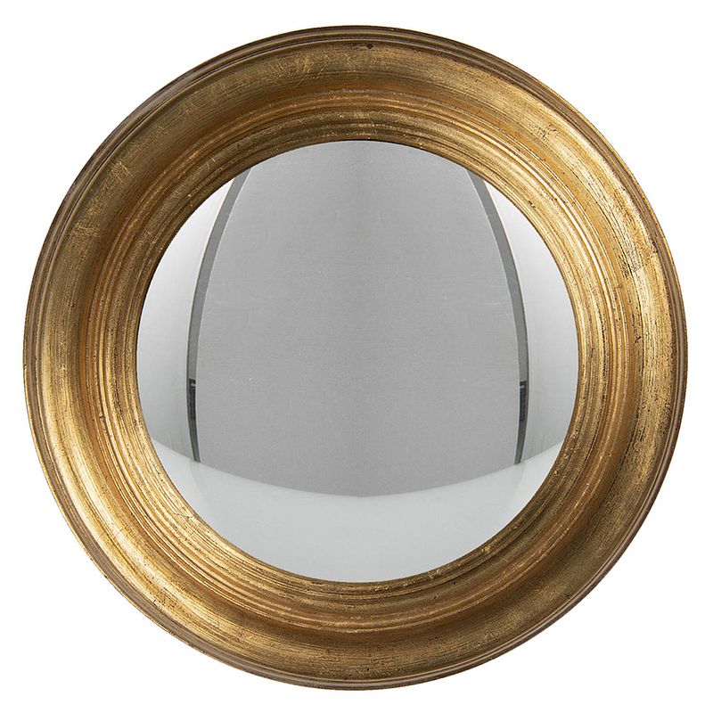 Foto van Haes deco - bolle ronde spiegel - goudkleurig - ø 34x4 cm - hout / glas - wandspiegel, spiegel rond, convex glas