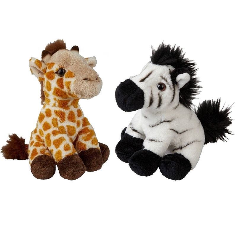 Foto van Safari dieren serie pluche knuffels 2x stuks - zebra en giraffe van 15 cm - knuffeldier