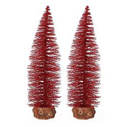 Foto van 2x stuks kerstboompjes op stam 35 cm rood - kunstkerstboom