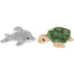 Foto van Zeedieren serie zachte pluche knuffels 2x stuks - dolfijn en zeeschildpad van 15 cm - knuffel zeedieren