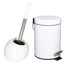 Foto van Badkamer/toilet accessoires - wc-borstel en pedaalemmer - metaal - wit - toiletborstels