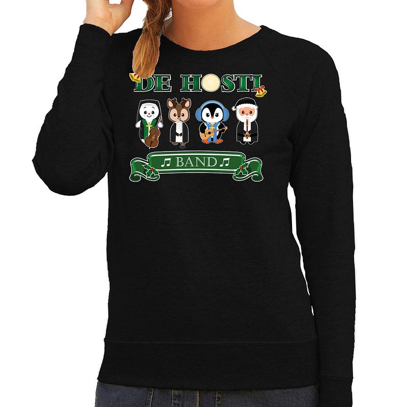 Foto van Bellatio decorations foute kersttrui/sweater dames - de hosti band - zwart - kerstmuziek - band l - kerst truien