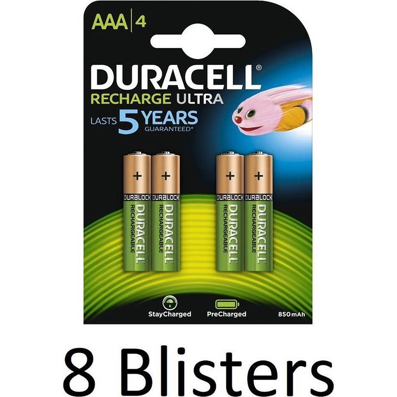 Foto van 32 stuks (8 blisters a 4 st) duracell aaa oplaadbare batterijen - 800 mah