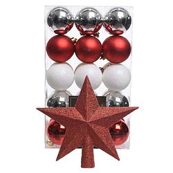 Foto van Kerstballen 30x -6cm -en ster piek -parelmoer wit/rood/zilver-kunststof - kerstbal