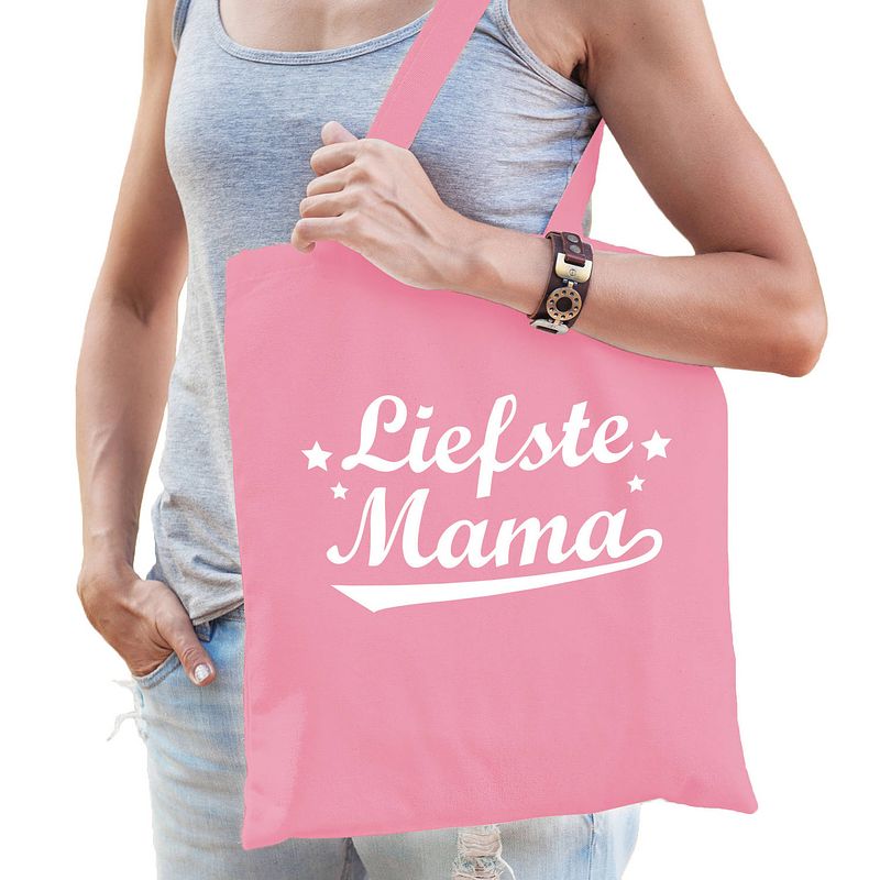 Foto van Moederdag cadeau tas - liefste mama - roze - katoen - 42 x 38 cm - feest boodschappentassen