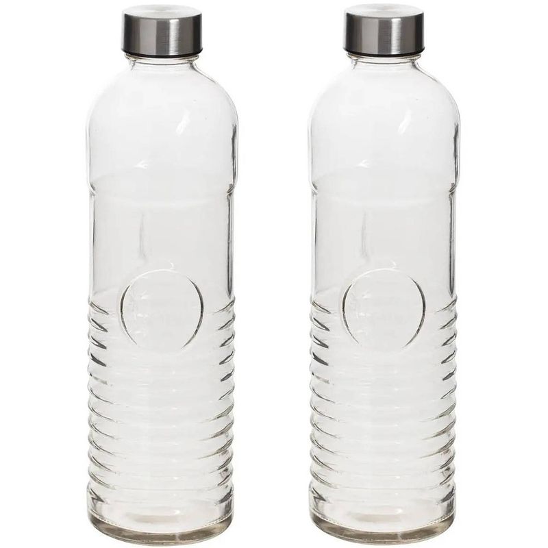 Foto van Set van 2x stuks waterflessen/drinkflessen 1 liter van gehard ribbel glas - drinkflessen