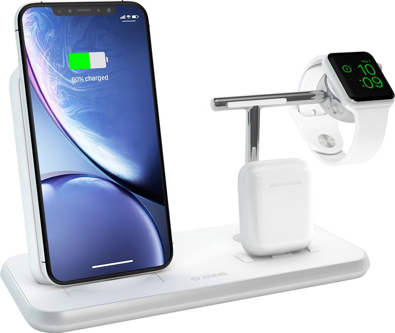 Foto van Zens draadloze oplader 10w met standaard en airpods dock + watch stand wit