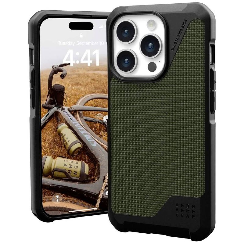 Foto van Urban armor gear metropolis lt magsafe backcover apple iphone 15 pro kevlar, olijf