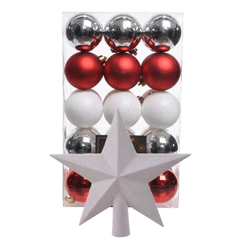 Foto van Kerstballen 30x -6cm -en ster piek -parelmoer wit/rood/zilver-kunststof - kerstbal