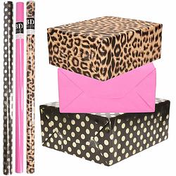 Foto van 6x rollen kraft inpakpapier/folie pakket - panterprint/roze/zwart met gouden stippen 200 x 70 cm - cadeaupapier