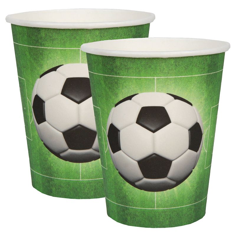 Foto van Santex feest wegwerp bekertjes - voetbal - 20x stuks - 270 ml - groen - karton - feestbekertjes