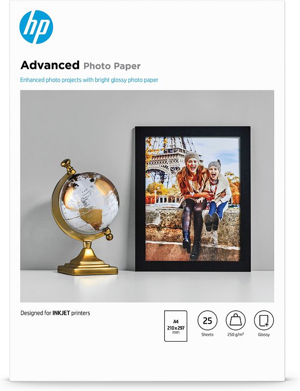 Foto van Hp advanced fotopapier, glanzend, 250 g/m2, a4 (210 x 297 mm), 25 vellen kopieerpapier zwart