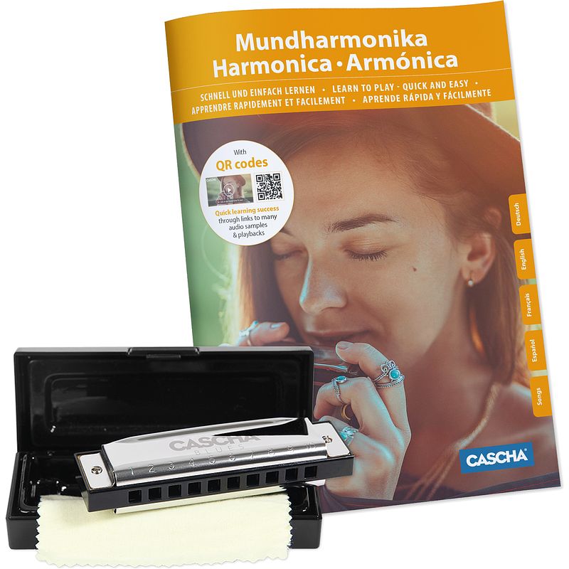 Foto van Cascha hh 1600 blues harmonica set (de/en/fr/es) met lesboek