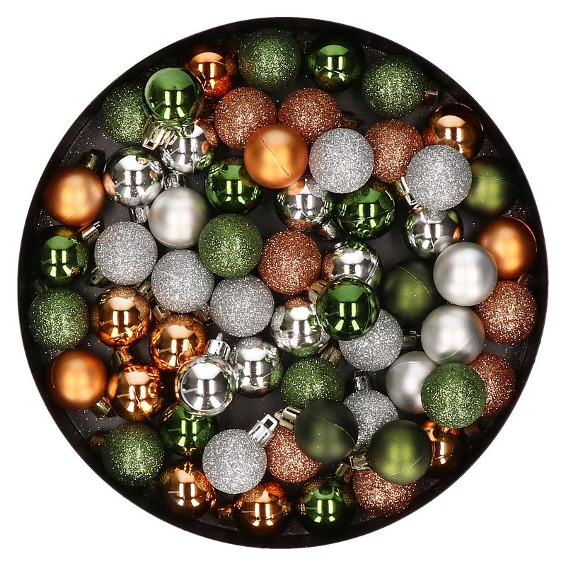 Foto van Kleine kunststof kerstballen 60x stuks 3 cm kerstballen in zilver-koper-groen - kerstbal