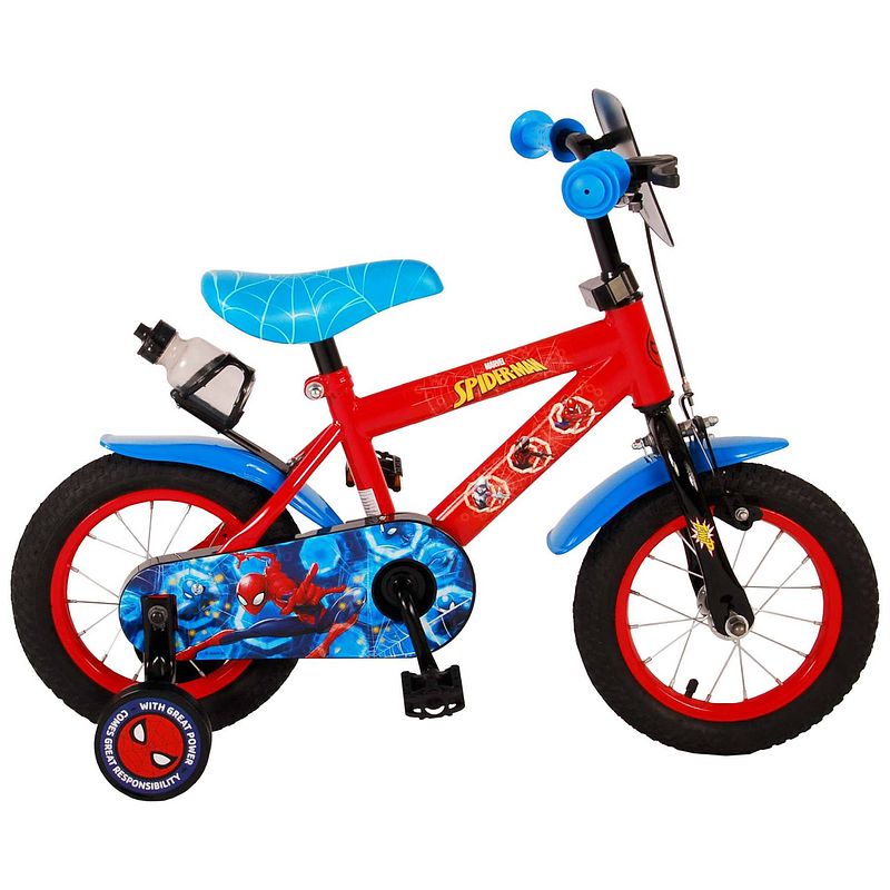 Foto van Volare jongensfiets spider-man 12 inch 23 cm jongens terugtraprem blauw/rood