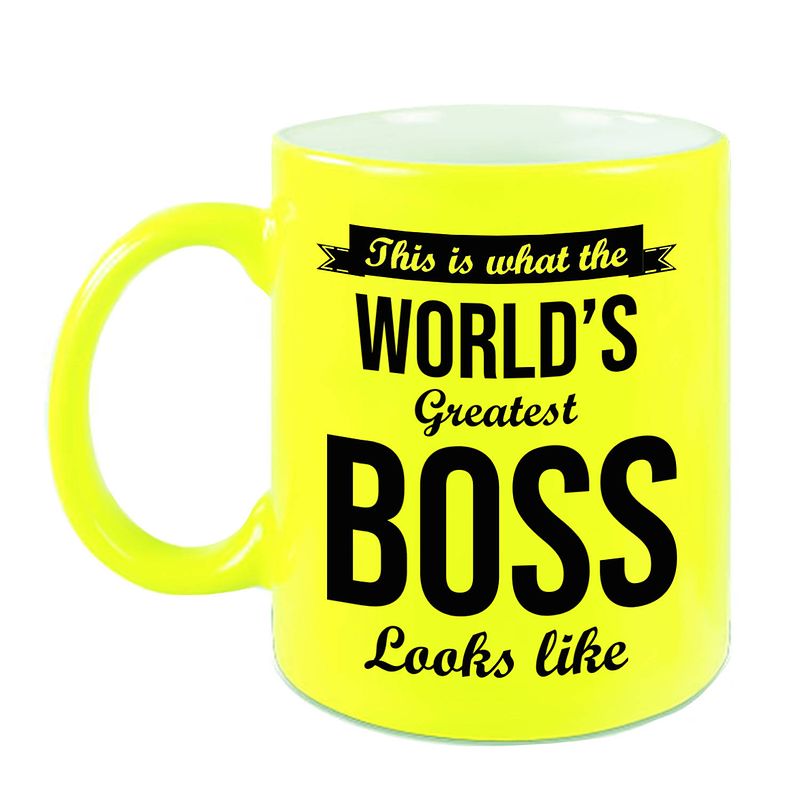 Foto van Worlds greatest boss cadeau koffiemok / theebeker neon geel 330 ml - feest mokken