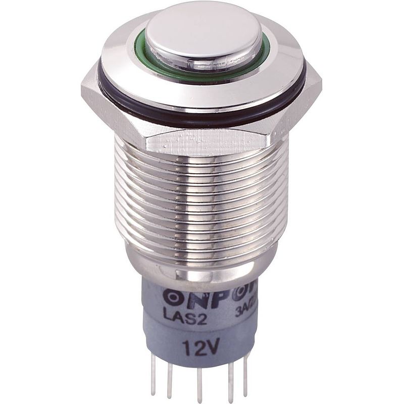 Foto van Tru components 701897 las2gqh-11e/g/12v/n/p vandalismebestendige druktoets 250 v/ac 3 a 1x aan/(aan) moment groen 1 stuk(s)