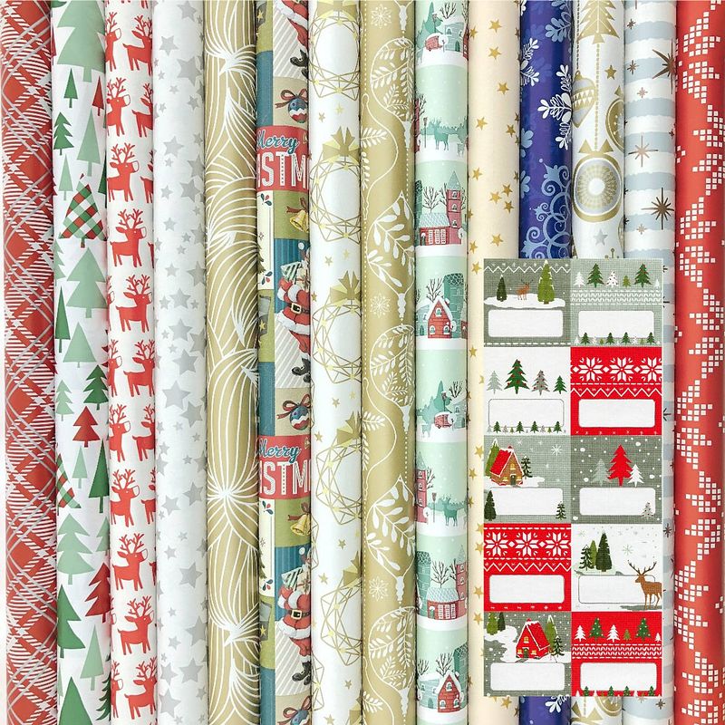 Foto van Präsenta assortiment luxe kerstcadeaupapier inpakpapier - 200 x 70 cm - 7 rollen inclucief 20 naamlabels