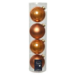 Foto van 4x stuks glazen kerstballen cognac bruin (amber) 10 cm mat/glans - kerstbal