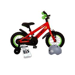 Foto van Volare kinderfiets rocky - 12 inch - rood/groen - met fietshelm en accessoires