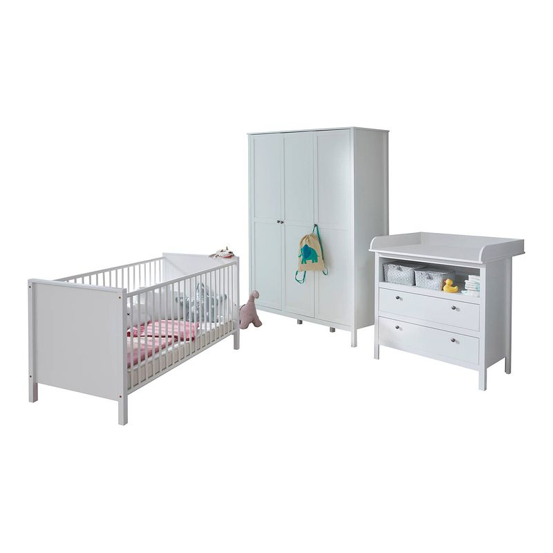 Foto van Ory babykamer set, ledikant, commode en 3-deurs kast, wit.