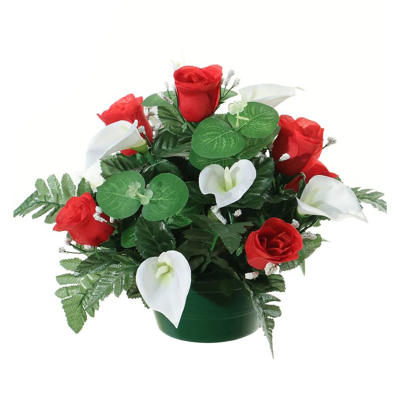 Foto van Louis maes kunstbloemen plantje in pot - wit/rood - 26 cm - bloemstuk ornament - rozen met bladgroen - kunstbloemen