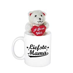 Foto van Moederdag cadeau liefste mama beker / mok 300 ml met beige knuffelbeertje met love hartje - feest mokken