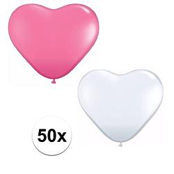 Foto van 50x bruiloft ballonnen wit / roze hartjes versiering 15 cm - huwelijk / valentijn