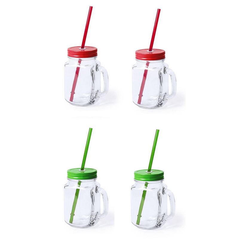 Foto van 4x stuks drink potjes van glas mason jar groen/rood 500 ml - drinkbekers