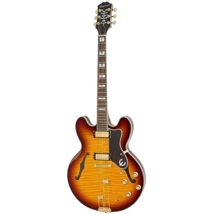 Foto van Epiphone sheraton figured iced tea semi-akoestische gitaar met premium gigbag