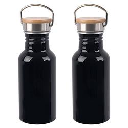 Foto van 2x stuks aluminium waterfles/drinkfles zwart met bamboe schroefdop 550 ml - drinkflessen